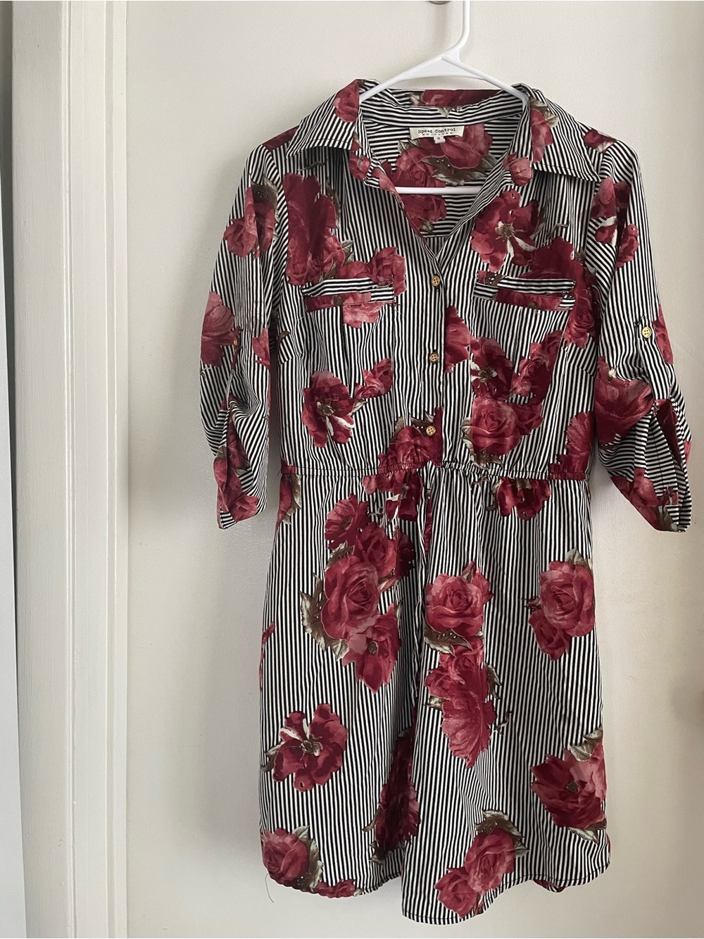 Speed Control Black & White Striped Blouse Dress with Rose Print
